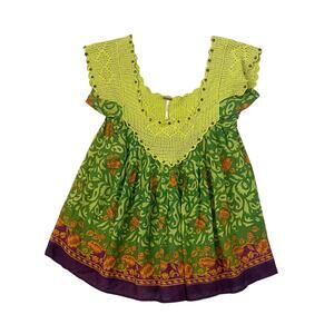 Free People 100% Cotton Top - Green Multicolor - Blouse - Crochet - Boho - M